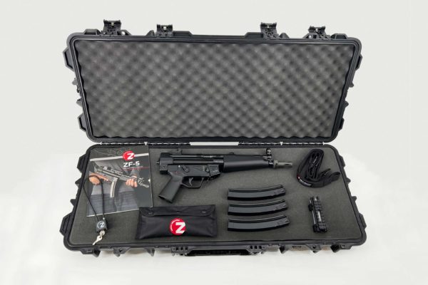ZF-5 kit in open case: firearm with flash hider, 3 magazines, picatinny rail, 2 point sling, cleaning kit in branded pouch, gun lock and manual