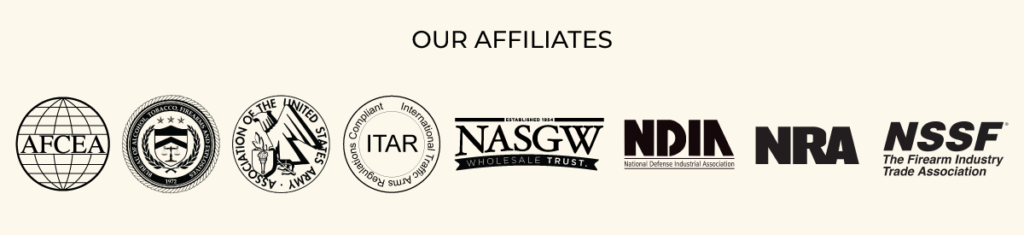 Affliate logos: AFCEA, ATF, AUSA, ITAR, NASGW, NDIA, NRA, NSSF